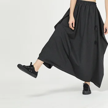 

LANMREM 2020 spring new trousers for famale black greay super loose irregular pleated patchwork cross-pants personality YH625