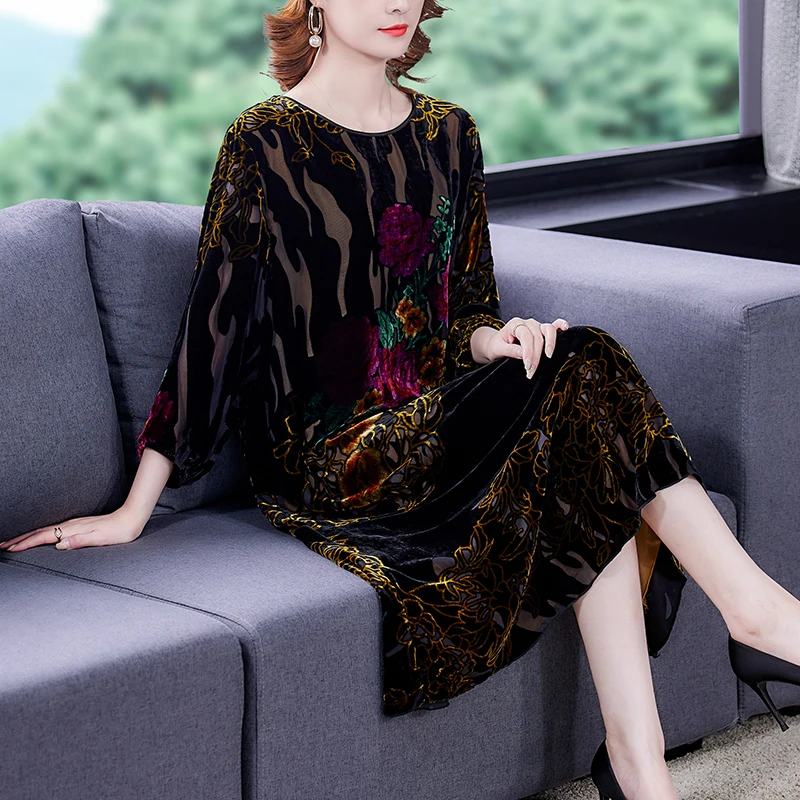 Black Floral Velvet Elegant Midi Dress Autumn Winter Korean