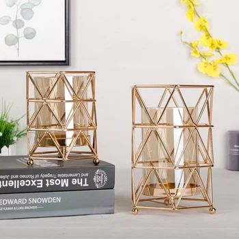 

Golden Iron Candle Holders Geometric Candlestick Romantic Crystal Candle Cup Handmade Crafts Home Desktop Table Decorations