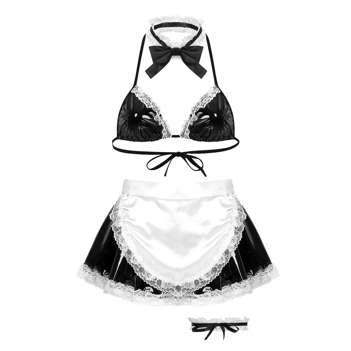 

Womens Sexy Costumes Clubwear Halloween Parties Anime Maid Dress Fancy Cosplay Bra Top with Skirt G-string Briefs Apron Necklace