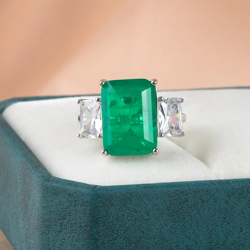 Silver Emerald Gemstone Ring For Women Engagement Wedding Promise Party Jewelry Gift 925 Sterling Female