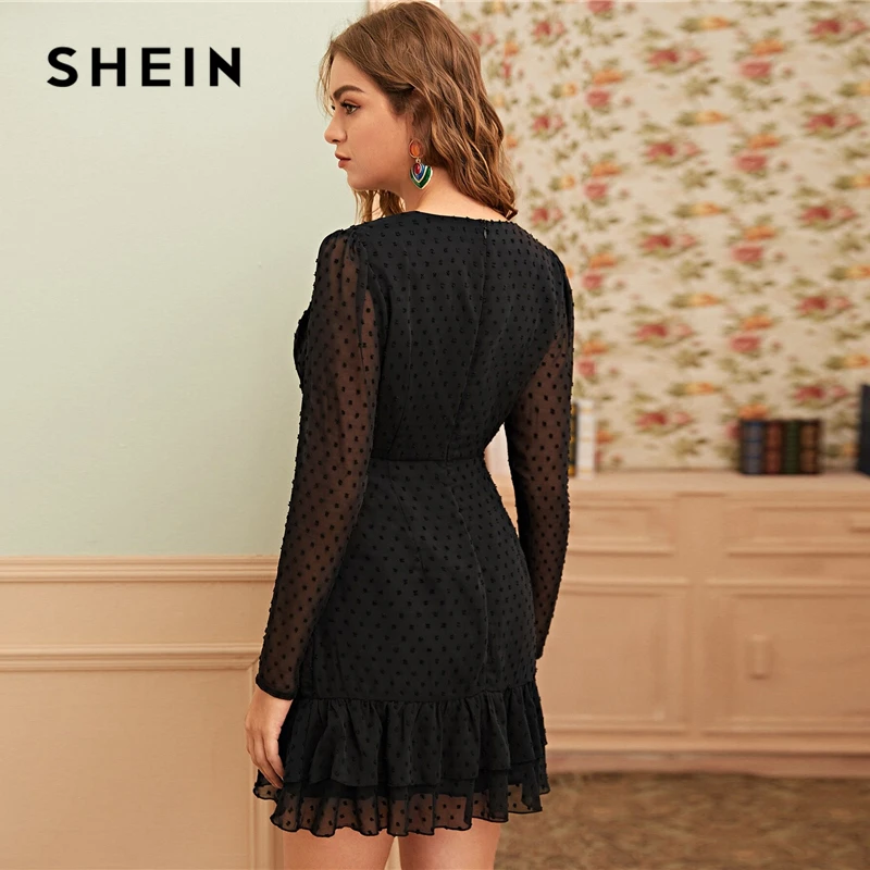 SHEIN черное швейцарское платье в горошек с оборками спереди, Сетчатое платье для женщин, весна-лето, высокая талия, v-образный вырез, ТРАПЕЦИЕВИДНОЕ Элегантное короткое платье
