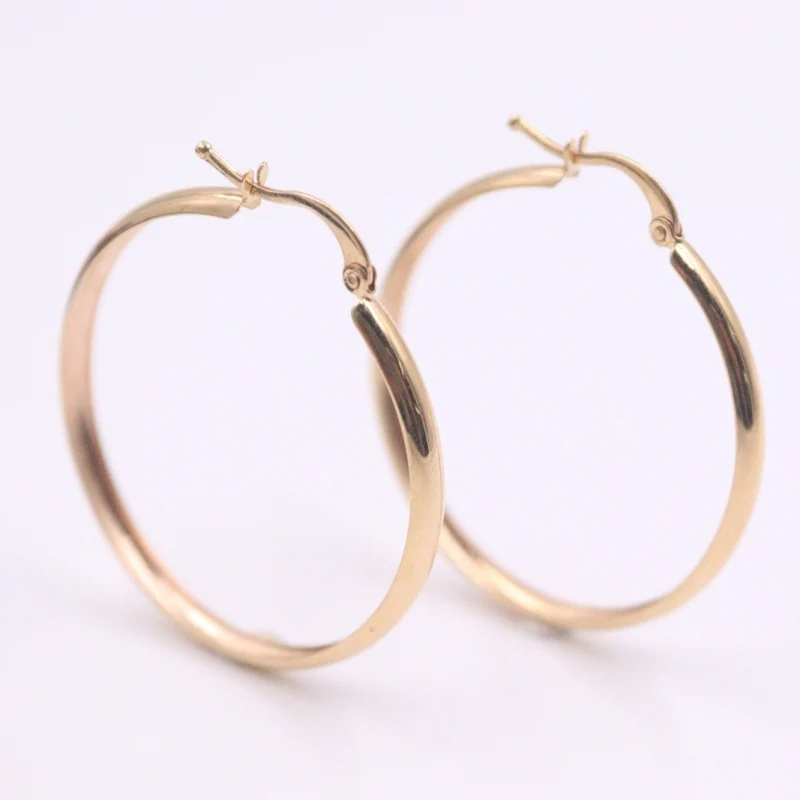 

New Solid Pure 18Kt Rose Gold Earrings Women Smooth Hoop Earrings 2.5-2.7g 32x3mm