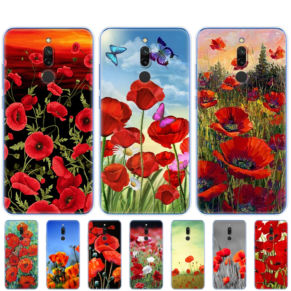 Custodia Per Redmi 8A 8 Custodia Redmi Note 8 9 Pro 8T 9S Custodia Per Xiaomi Mi Note 10 Pro 9 Lite Poco F2 Pro Custodia Red Poppies Flowers