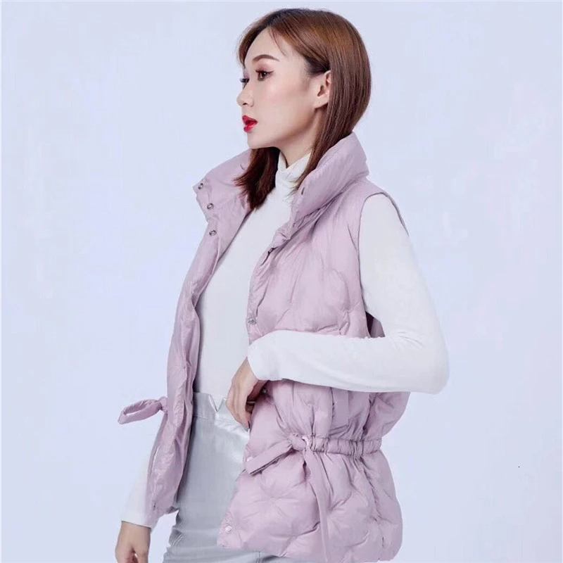 TWOTWINSTYLE White Drawstring Women's Vest Stand Collar Sleeveless Single Breasted Pocket Female Vests Fashion Winter New