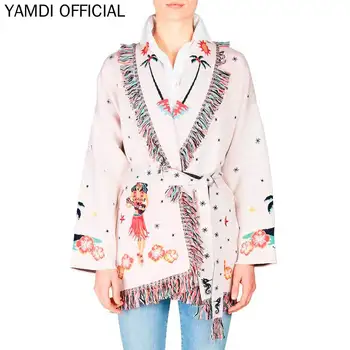 

YAMDI Autumn Winter Outwear Women 2019 Runway Chic Designer Embroidery Wool Blend Cardigan Jacket Loose Plus Size Coat Tassel