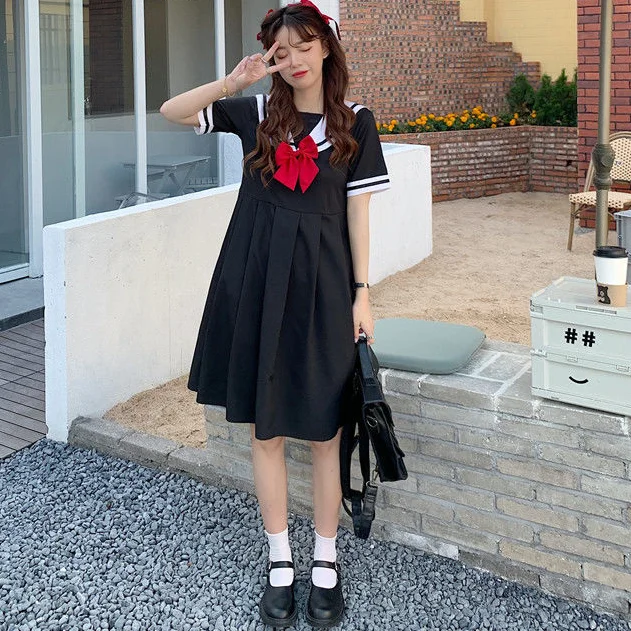 Dresses Women Short Sleeve Bow Sailor Collar Preppy Style Korean All-match Teens Simple Birthday Party Baggy Vintage Chic New cocktail dresses Dresses