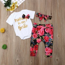 Комплекты из 3 предметов Одежда для маленьких девочек; Одежда для новорожденных с круглым вырезом и буквенным принтом Комбинезон для высокой талии Цветочный принт с поясом, брюки повязка на голову, повседневный комплект летней