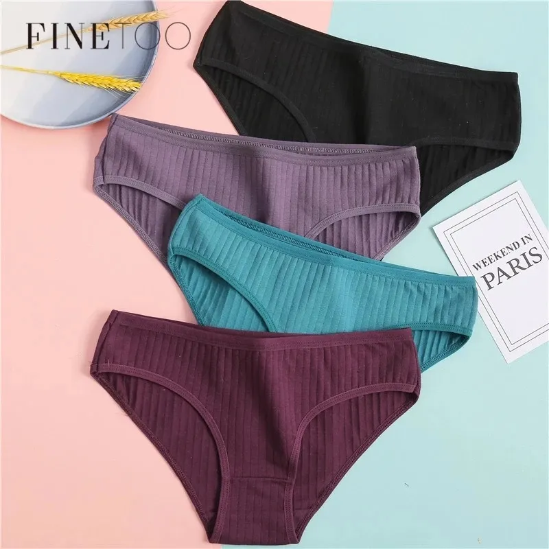 FINETOO Women's Cotton Panties 3Pcs Soft Striped Women Underpants Solid Girls Briefs Sexy Female Lingerie M XL Comfort Underwear