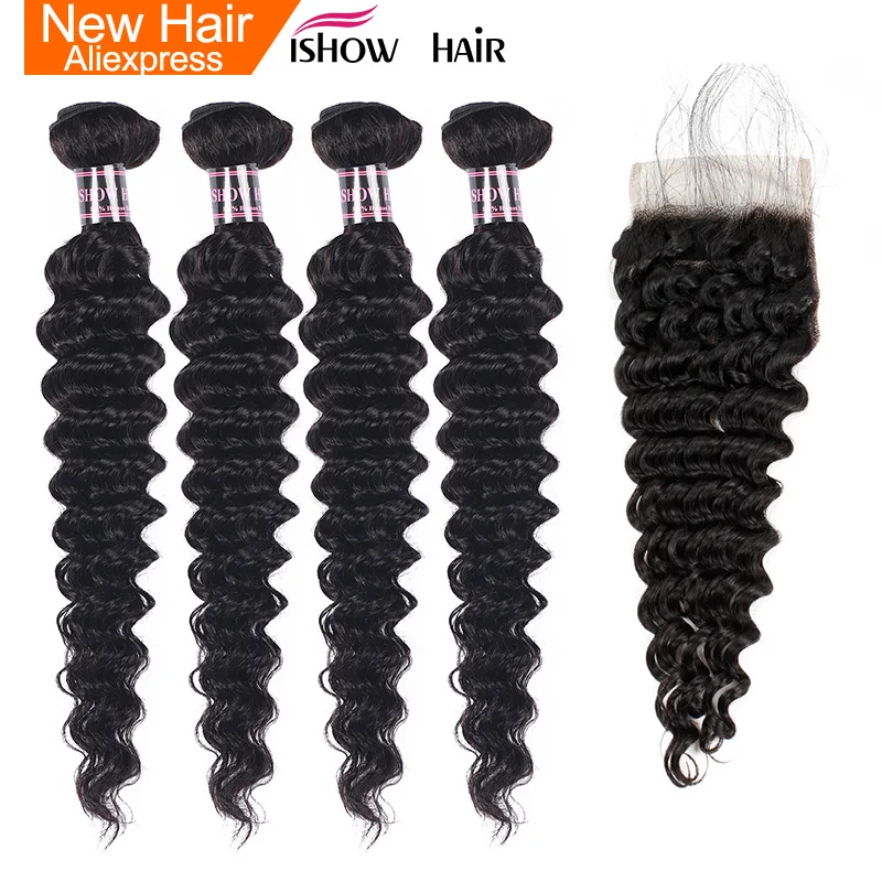 

Ishow Deep Wave Hair Bundles With Closure Non Remy Hair Lace Closure With 4 Bundles Indian Human Hair Bundles With Closure