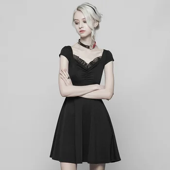 

PUNKRAVE Women's Gothic Folding Halter Dress Lotus Leaf Elastic Knitted Slim Fit Short Sleeve Sexy Casual Dress