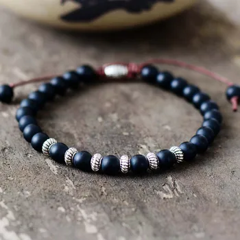 Boho Bracelet Mens Beaded Bracelet 6mm Matte Black Onyx Antique Charm Simple Bracelet Handmade Mens Bracelets Jewelry