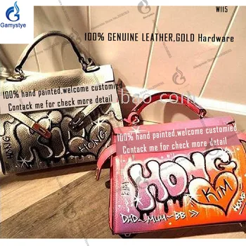 

Luxury Women Genuine Leather Handbags Hand-painted graffiti Fashion street Customized letter name HONG LOVE GIFTS for girlfriend