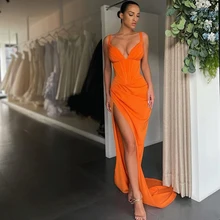 

ChenXiao Sexy Prom Dresses V-neck Satin High Split Evening Dress Saudi Arabia Mermaid Sleeveless Long Cocktail Party Gown