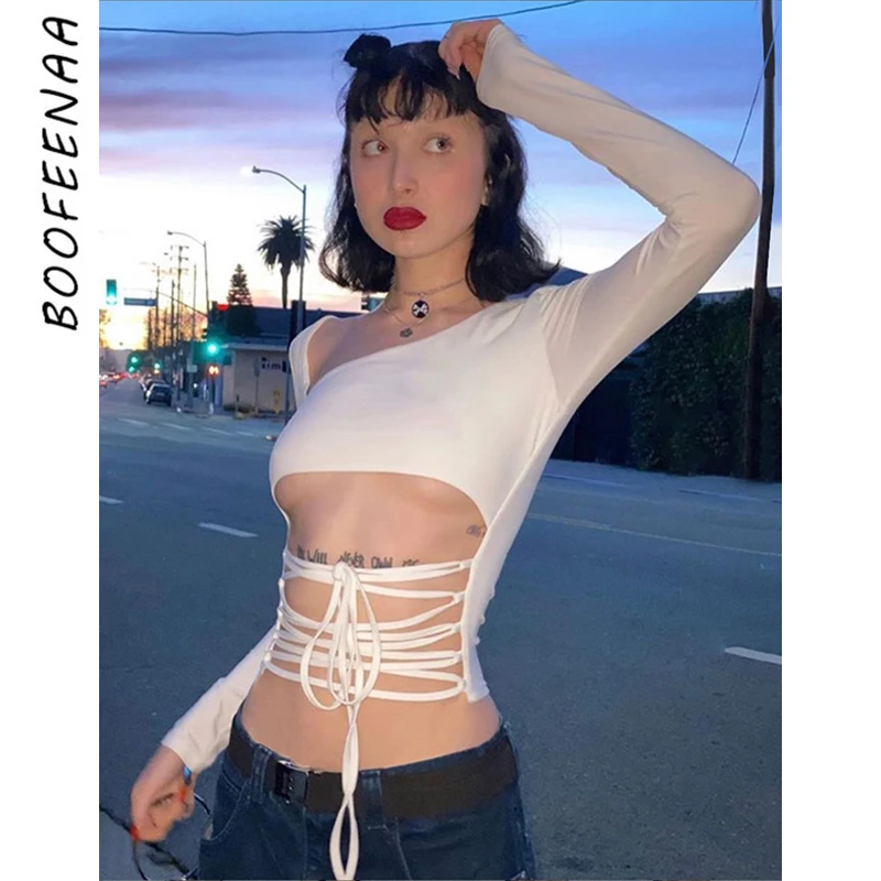 BOOFEENAA белая сексуальная футболка женская одежда Kpop уличная женские топы с