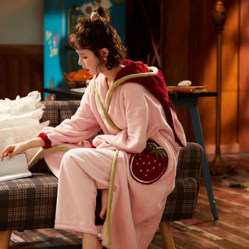 

New pajamas women robe homewear warm pajamas thick coral fleece autumn and winter twopiece suit long nightgown sleepwear sweet