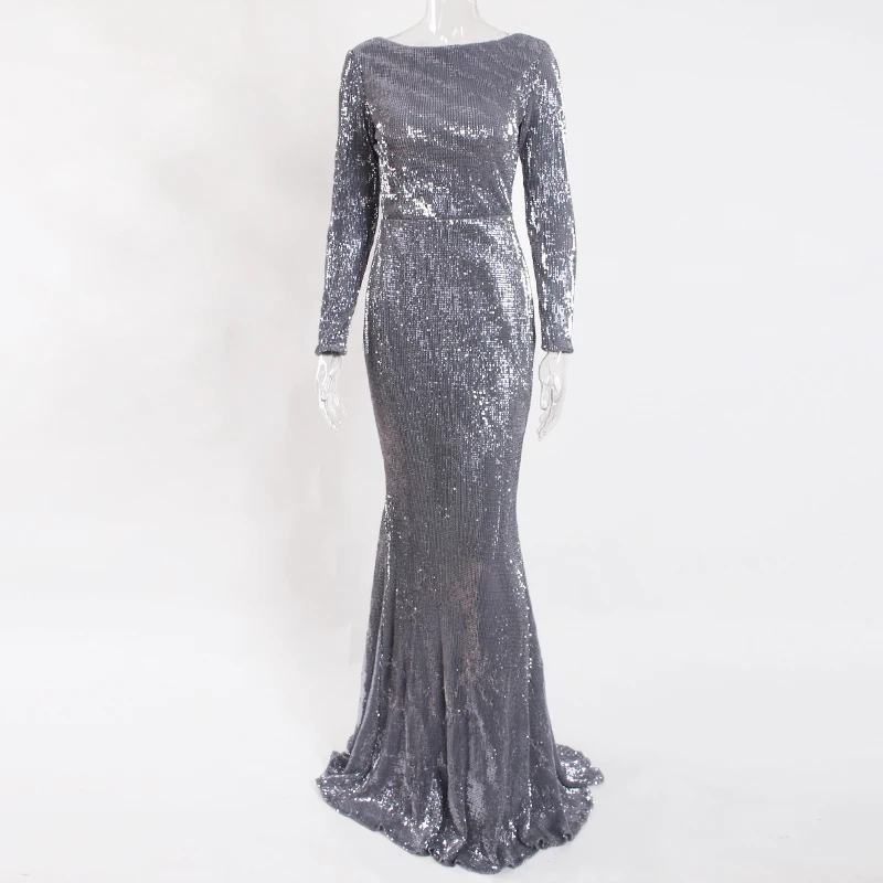 Вечернее платье с длинными рукавами и круглым вырезом серого цвета с блестками; Элегантное Длинное платье в пол