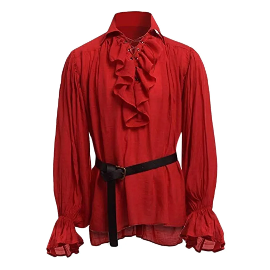 Средневековый Ренессанс шнуровка мужские рубашки повязки с длинным рукавом винтажная средневековая рубашка Готический человек блузка - Цвет: Красный
