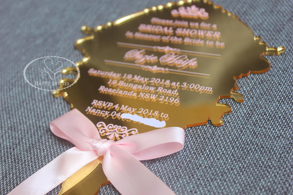 HI4053-18 Customized Gold Mirror Wedding Invitation Card with Pink Printing