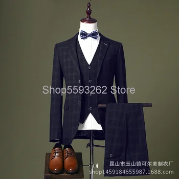 

men's casual small suit set slim plaid suit set 3-piece youth men's wear