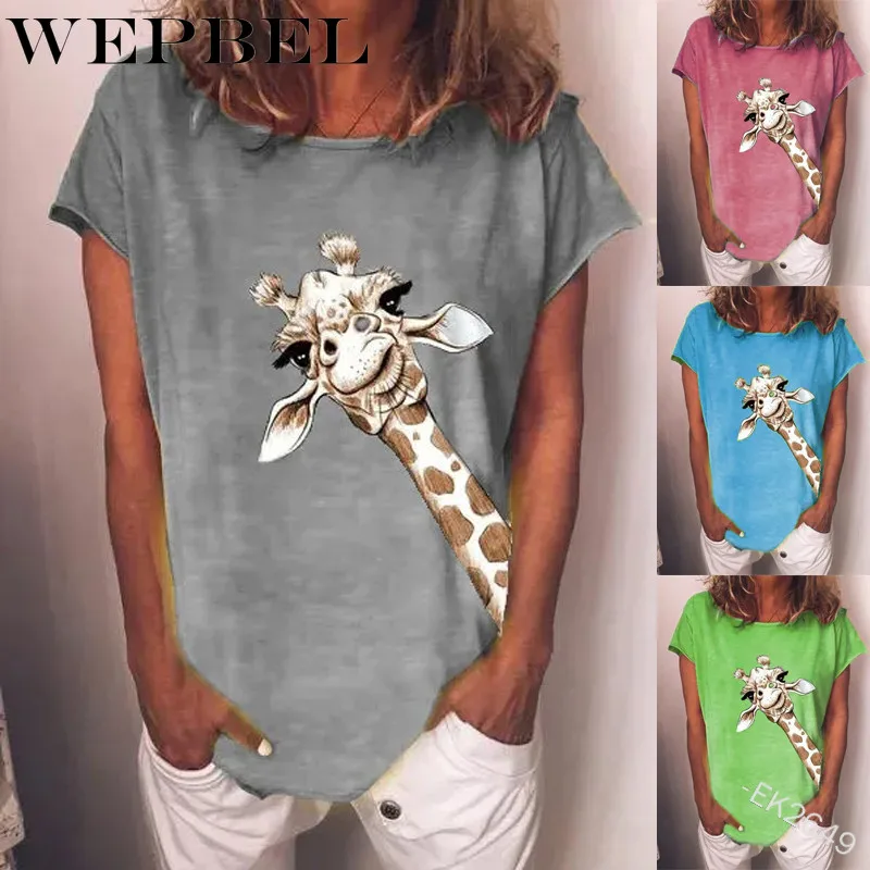 

WEPBEL Women Summer Loose Cartoon T-shirt Casual Short Sleeve O Neck Cartoon Giraffe Print Shirt Top Plus Size S-5XL