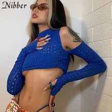 Nibber New Autumn Short T-Shirt Long-Sleeved Top Round Neck Off-Shoulder Hollow Sexy Design For Women's Street Party Clubwear