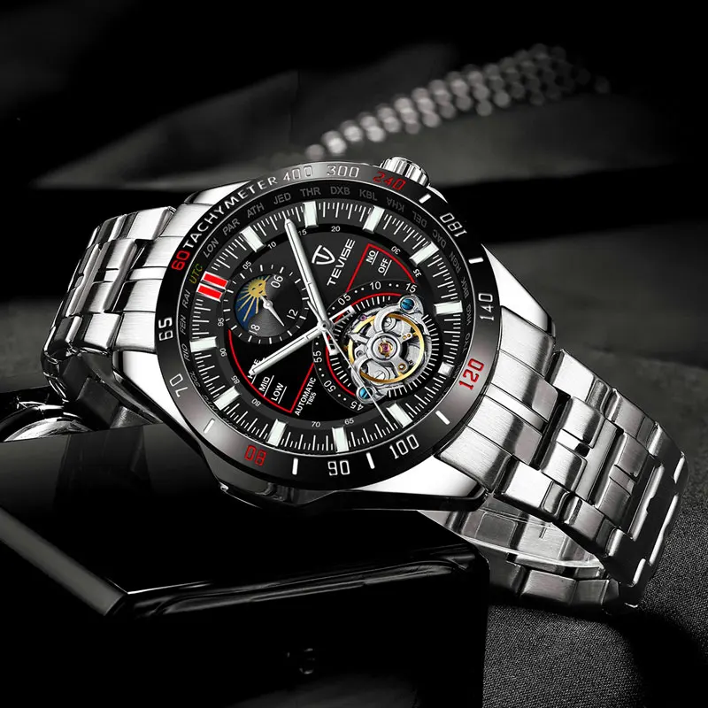 Tevise, роскошный Tourbillion механические часы из нержавеющей стали каркасные часы с автоматическим подзаводом мужские модные спортивные наручные часы Montre Homme