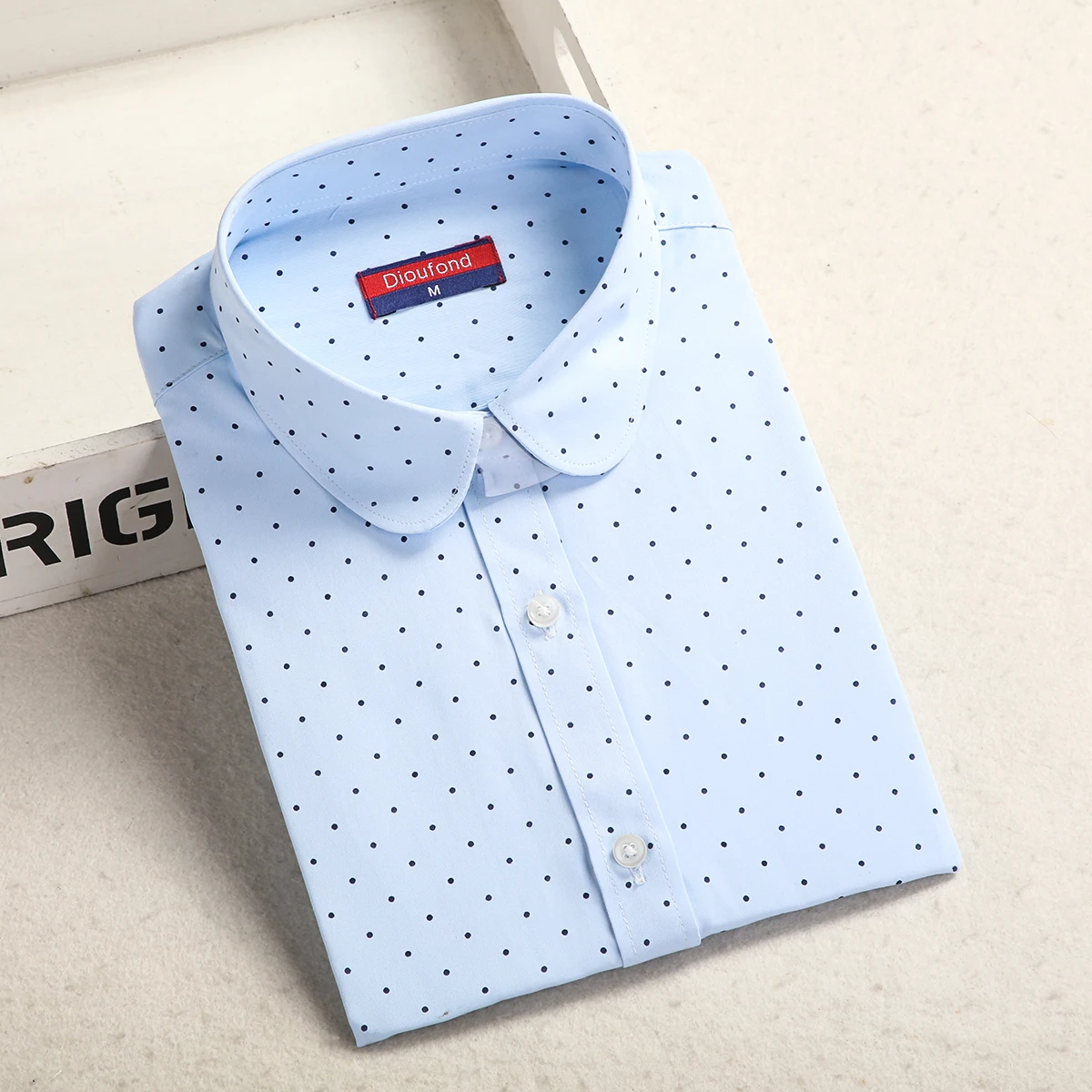 Женская блузка с длинным рукавом Dioufond белая/синяя хлопковая в горошек рабочая