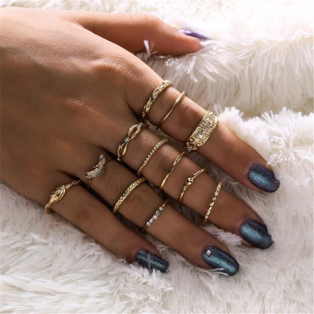 Bohemian Gold Vintage Rings Snake Heart Crystal Ring Set Women Charm Joint Ring Party Wedding Fashion Jewelry Gifts