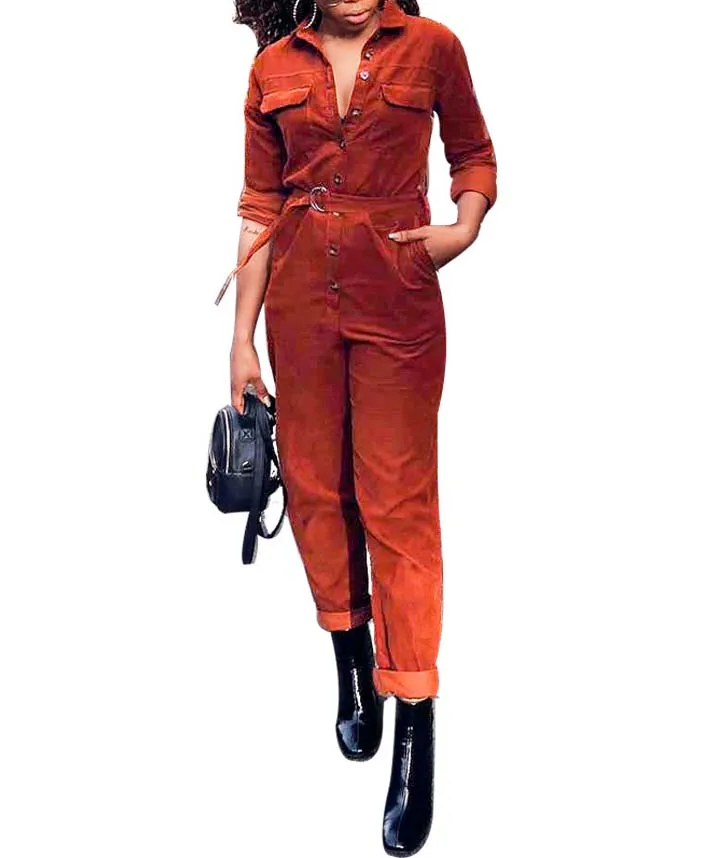 Женский модный вельветовый комбинезон с длинным рукавом и пуговицами на поясе, повседневный комбинезон с v-образным вырезом, уличные комбинезоны - Цвет: Brown red