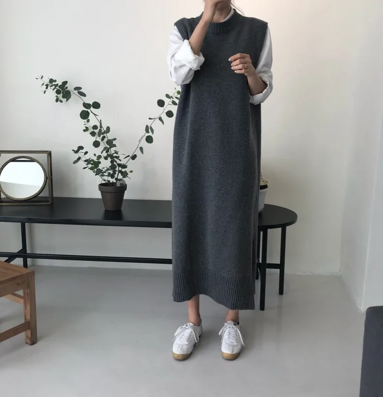 

Mooishe Spring Women Long Knitted Vest Sleeveless Splited Long Sweater Dress Outwear