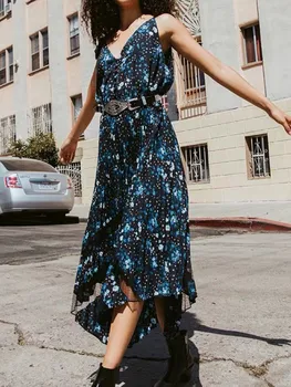 

2020 Women Long Tank Dress Summer Lace Mesh Parchwork Floral Print Sleeveless Hight Waist V Neck Pleated Dresses