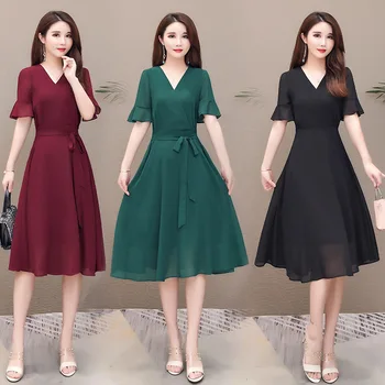 

Women Longuette Dress 2019 Summer Solid Color Chiffon High Waist Middle-aged A-line Dresses 3Color