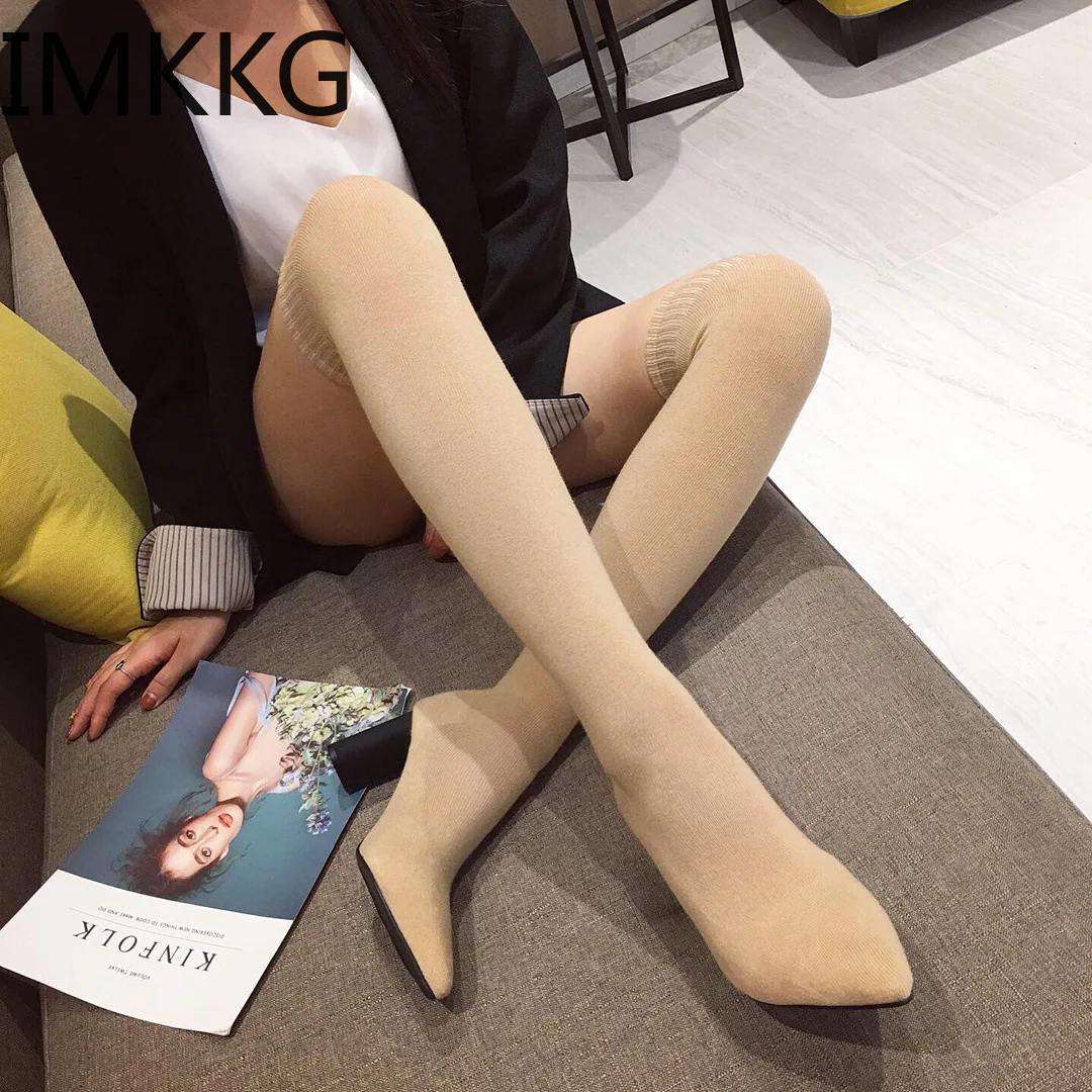 Г., женские Стрейчевые Сапоги выше колена зимняя обувь без застежки модные женские сапоги с острым носком на квадратном каблуке