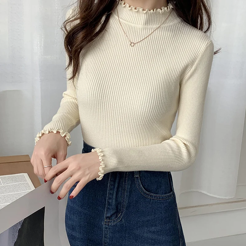 

Pull Femme Winter Knitted Woman Sweaters Pullover Autumn Basic Women Jumper Black Sweater Long Sleeve Ruffles Woman Clothes 2021