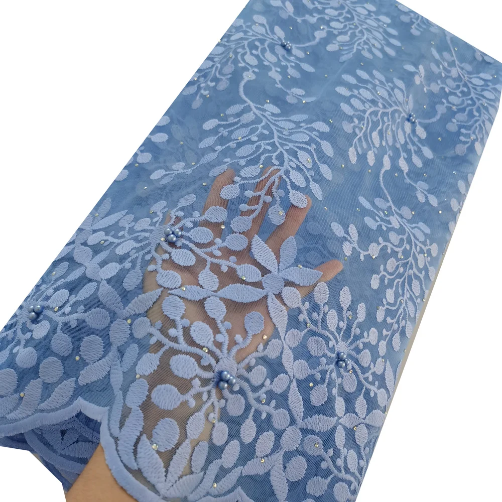 Powder blue Черная фиолетовая французская Кружевная Ткань 5 ярдов вышивка кружевная ткань с камнями бисером африканская ткань кружево для женщин Свадебная вечеринка - Цвет: Powder blue