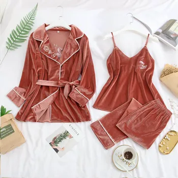 

Winter Women Pajamas 3 Pcs Warm Winter Sleepwear Gold Velvet Sexy Pajamas Set Flamingo print Long Sleeve Thicken Female Homewear