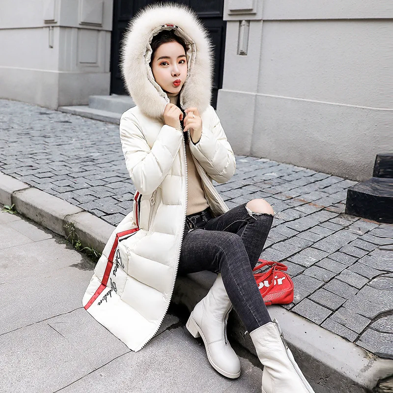 

Large Fur Collar Mid-length down Coat Women's 2018 Winter New Style Korean-style Waist Hugging INS Cotton Coat Winter Cotton Ove