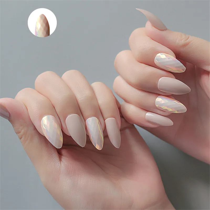 24pc Light Brown Fish Scale Laser Gradient Fashion Stiletto On the Nail Tree False Nails Tips Finished Art | Красота и здоровье