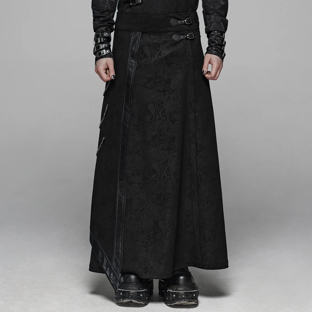 

PUNK RAVE Men's Gothic Floral Long Overskirt Joint Leather Side Chain Stage Performance Men Pants
