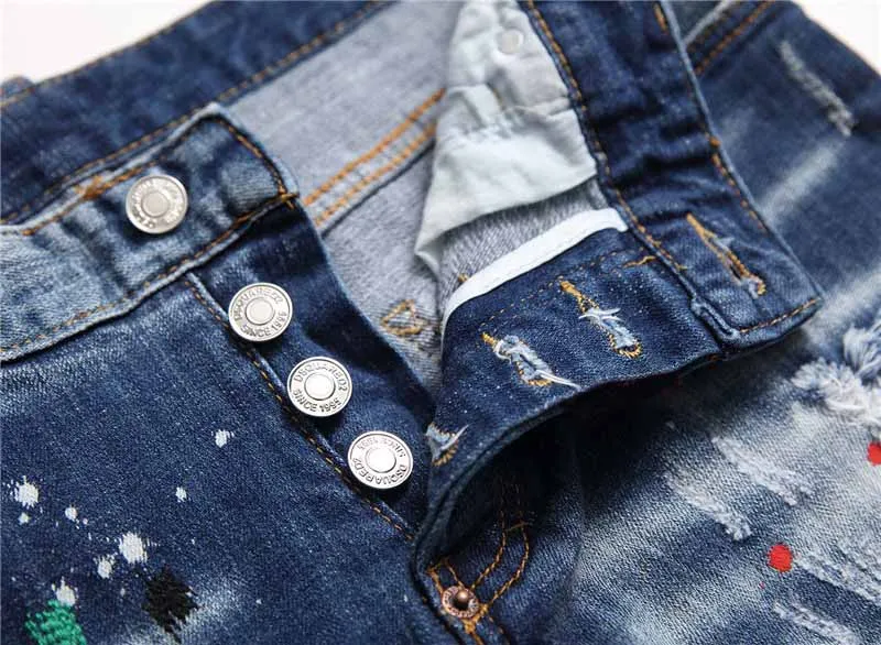 KIOVNO Mens Ripped Holes Denim Trousers Painted Patchwork Stretch  Jeans Pants For Male Straight  (1)