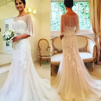 

New Boho White Shawl Mermaid Wedding Dress With Wrap Vintage Lace Illusion Back Beach Half Sleeve Bride Wedding Gowns With Train