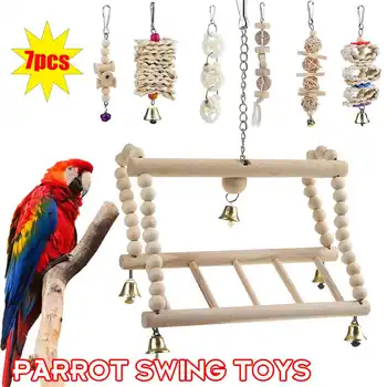 

7 Pcs Bird Parrot Swing Chewing Toys-Natural Wood Hanging Bell Bird Cage Toys Stand Ladder for Cockatiels Budgie Macaws Parakeet