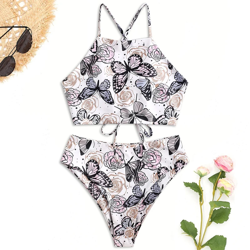 

Women's Printed Two Pieces Swimsuit Flower Print Cross High Cut Tankini Swimsuit Women Bathing Suit Swimming Beach Wear