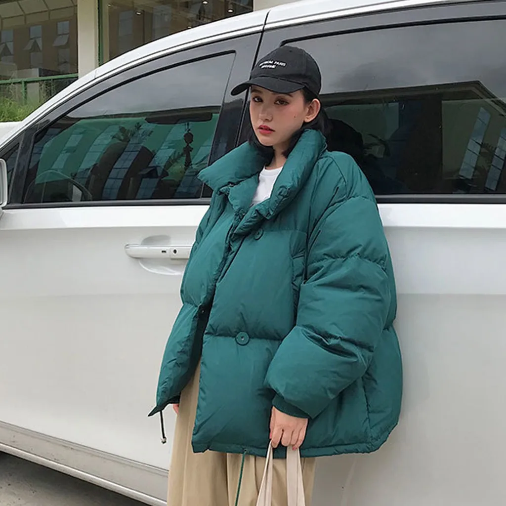 Женская верхняя одежда женская зимняя теплая однотонная куртка с длинными рукавами на молнии с карманами в Корейском стиле#910 - Цвет: GN