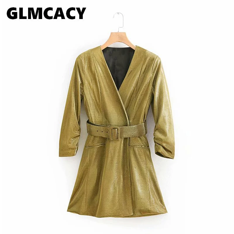 

Women Metallic Gold Short Mini Blazer Dress Long Sleeve V-Neck Belted Dress Vestidos Mujer 2019
