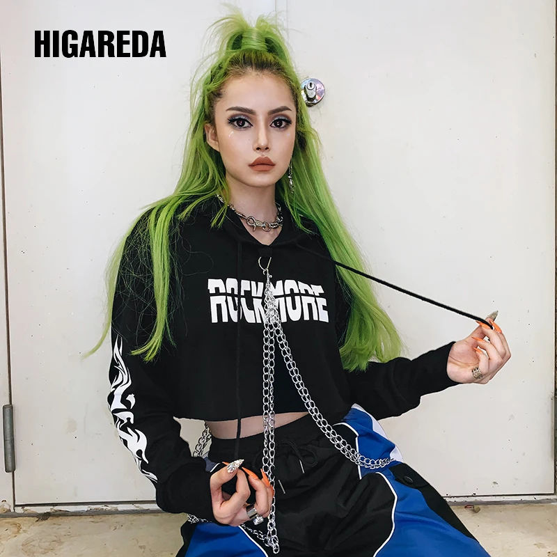 

Letter Print Harajuku Black Hoodies Women Chains Punk Gothic Crop Top Sweatshirt Hip Hop Long Sleeve Pullover Autumn