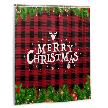 

Christmas Reindeer Buffalo Plaid Shower Curtain Polyester Waterproof 12 Hooks Fabric Modern Bathroom Home Decor SetInch