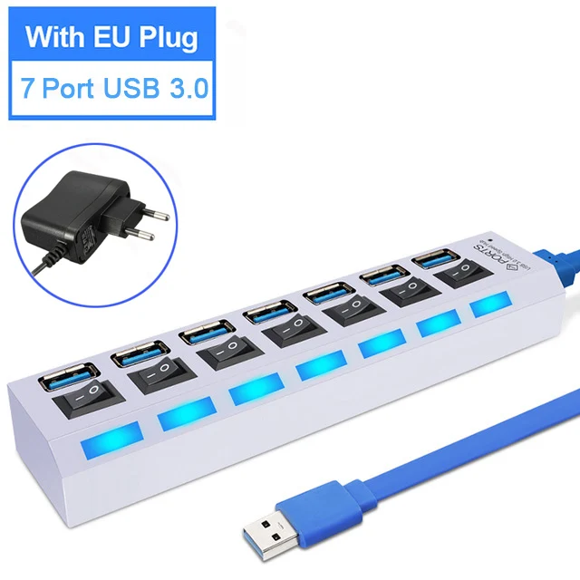 USB 3,0 концентратор 2,0 концентратор Мульти USB разветвитель 4/7 порт расширитель несколько USB 3,0 Hab с адаптером питания USB3.0 концентратор с переключателем для ПК - Цвет: 7 Port White with EU