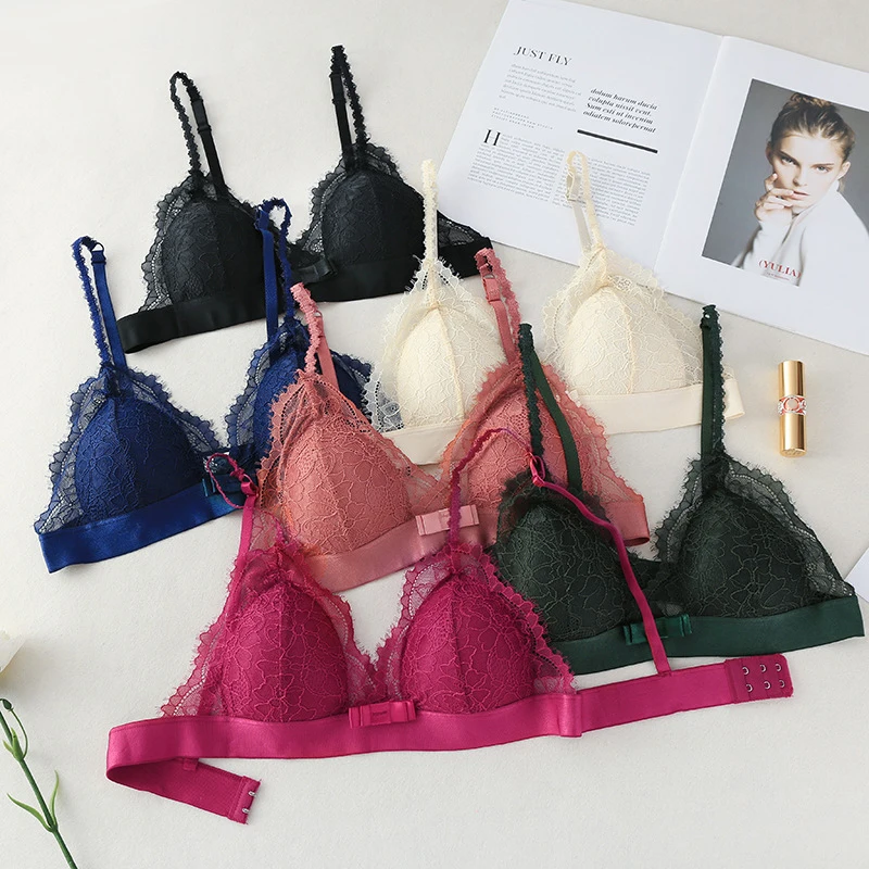 Women Deep V Bra Sexy Floral Lace Bras Bralette Push Up Bra Lingerie Small Cup Wire Free Underwear 6 Colors